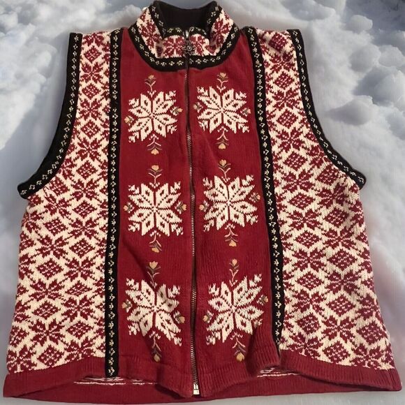 VTG Woolrich Women's Winter Cabin Vest Snow Flake RED Nordic Pockets Small - Picture 1 of 5